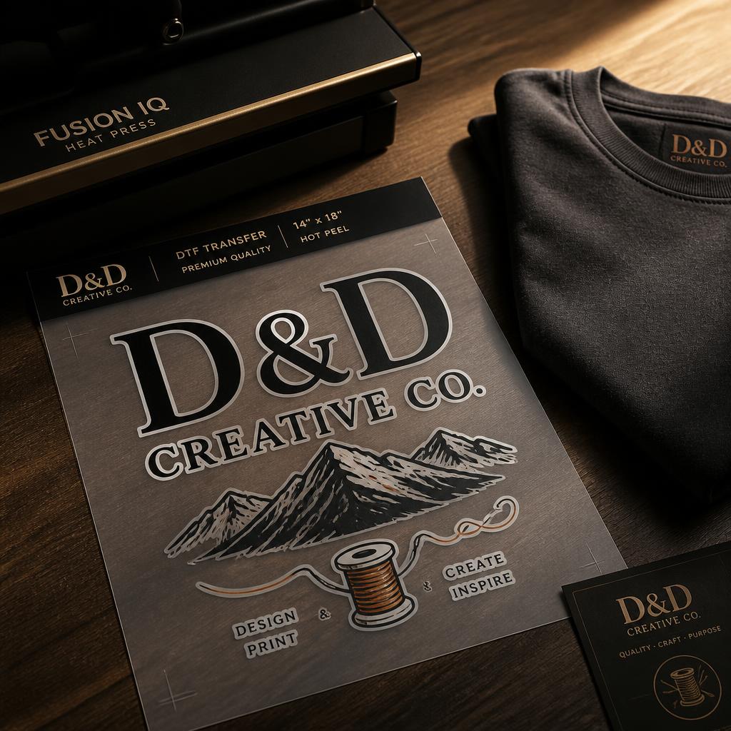 D&D Creative Co. DTF custom transfer with heat press and branded tee